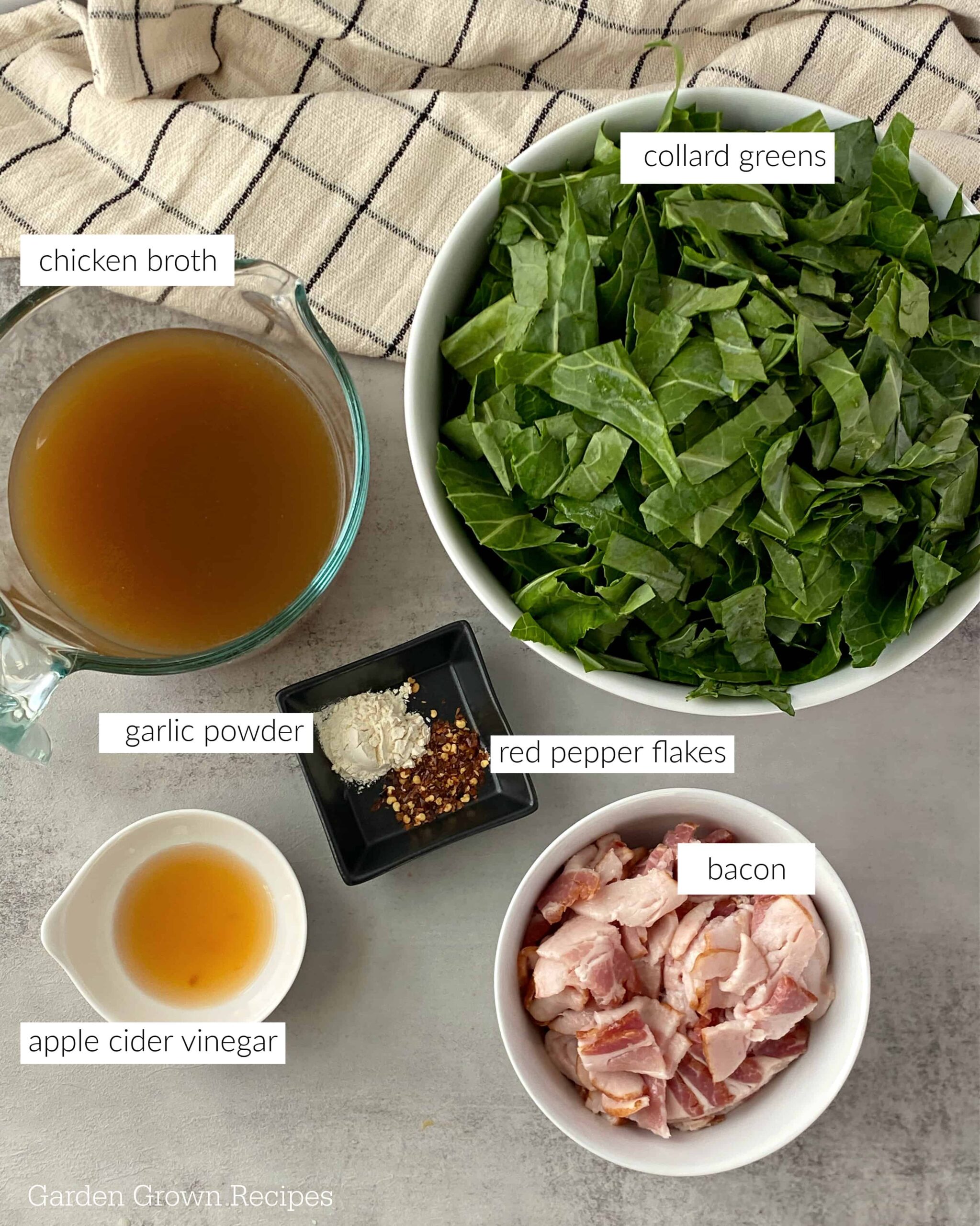 ingredients to make easy collard greens recipe with chicken broth and bacon and garlic