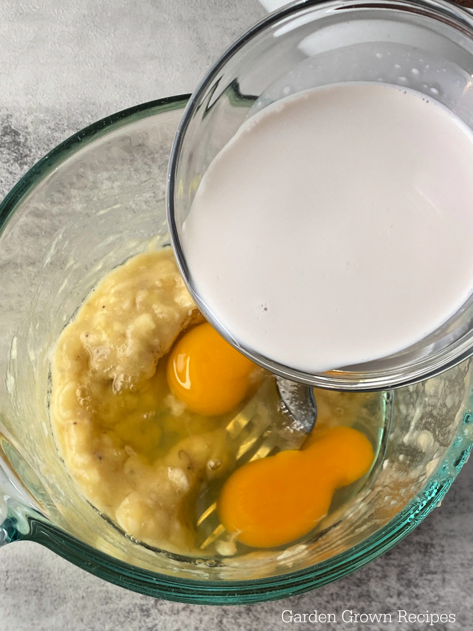add milk to eggs and bananas