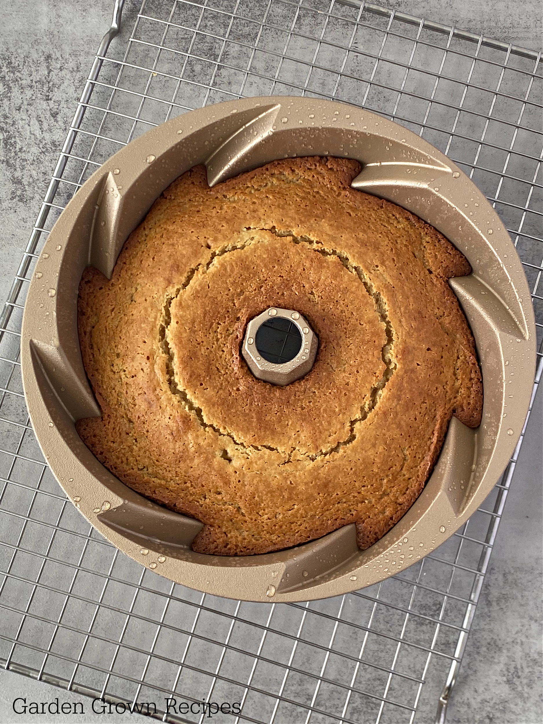 almond bundt cake in pan