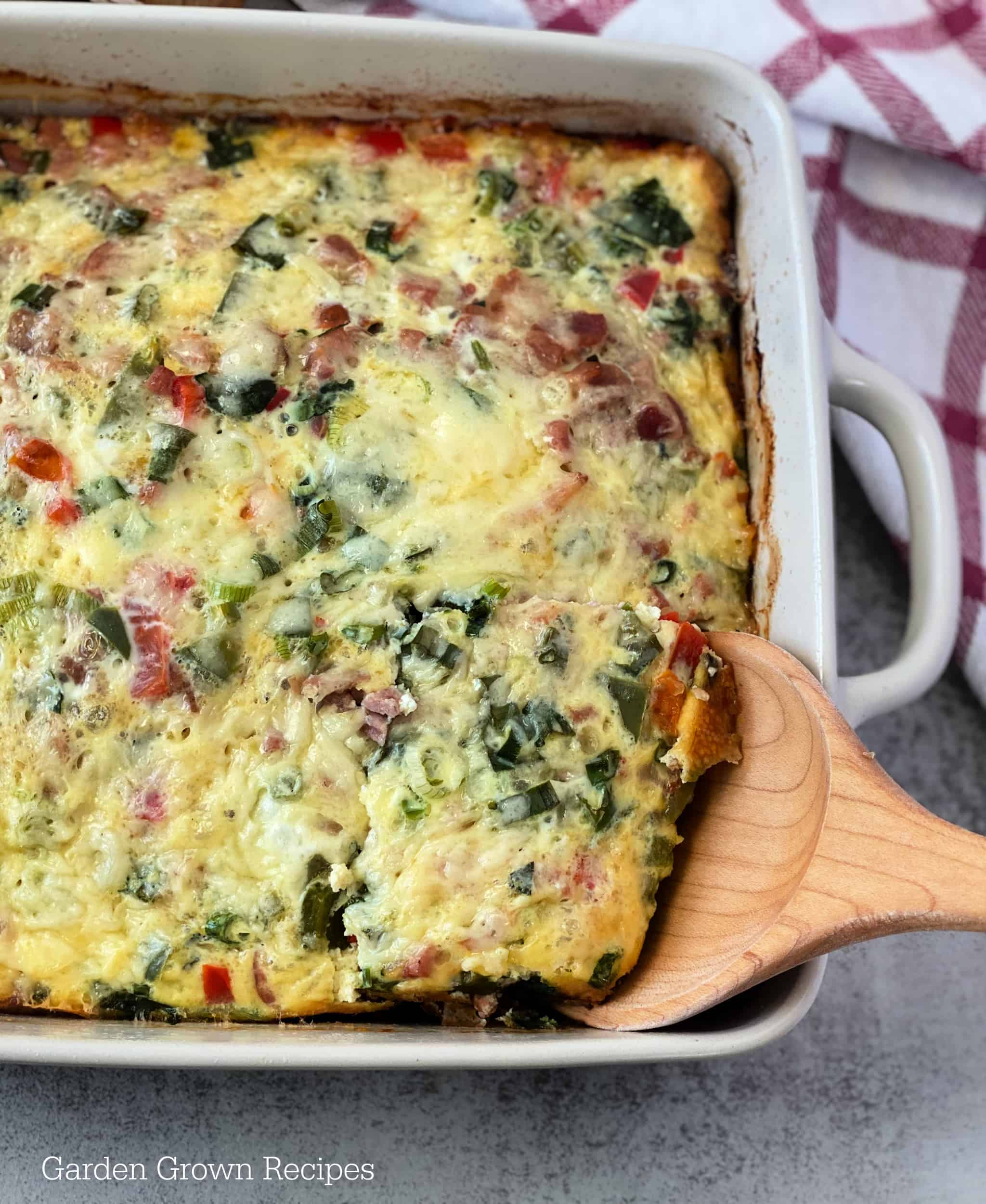 easy healthy Low Carb Breakfast Casserole with wooden spoon 